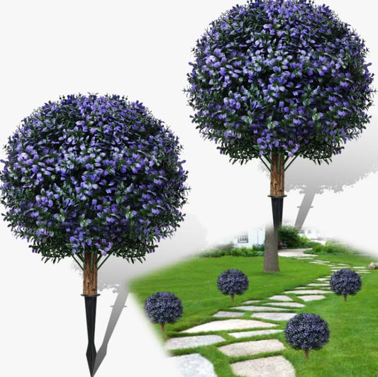 Set of 2 Artificial Boxwood Topiary Ball Trees Outdoor Faux Shrubs Artificial Boxwood Plants with Ground Spike, 24" Lavender Fake Evergreen Tree UV Resistant for Planter,Potted,Fall