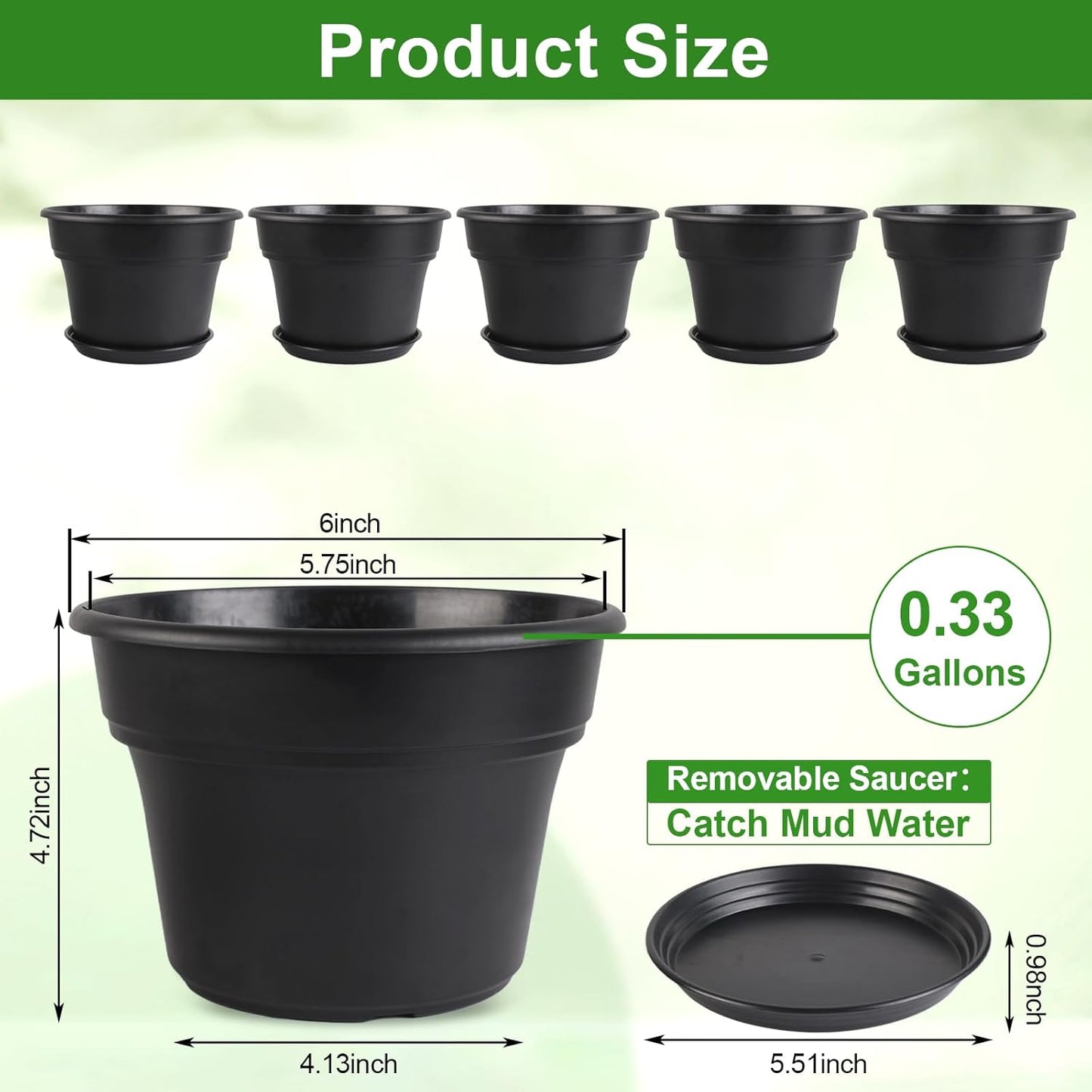 6-inch-Plant-Pots-Indoor-Outdoor, 6 Pack Plastic Planters with Drainage Holes & Saucers, Resin Flower Pots with Trays, Classic Garden Pot Container for House