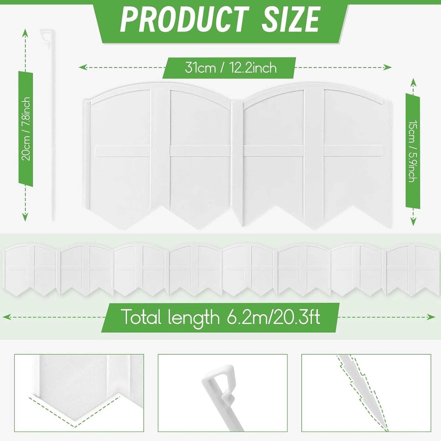 20Pcs Garden Edging Border Landscape Edging Lawn Garden Fence Decorative Landscape Border 20Ft Length Landscaping with 20 Pcs Stakes for Lawn Flower Bed Yard White