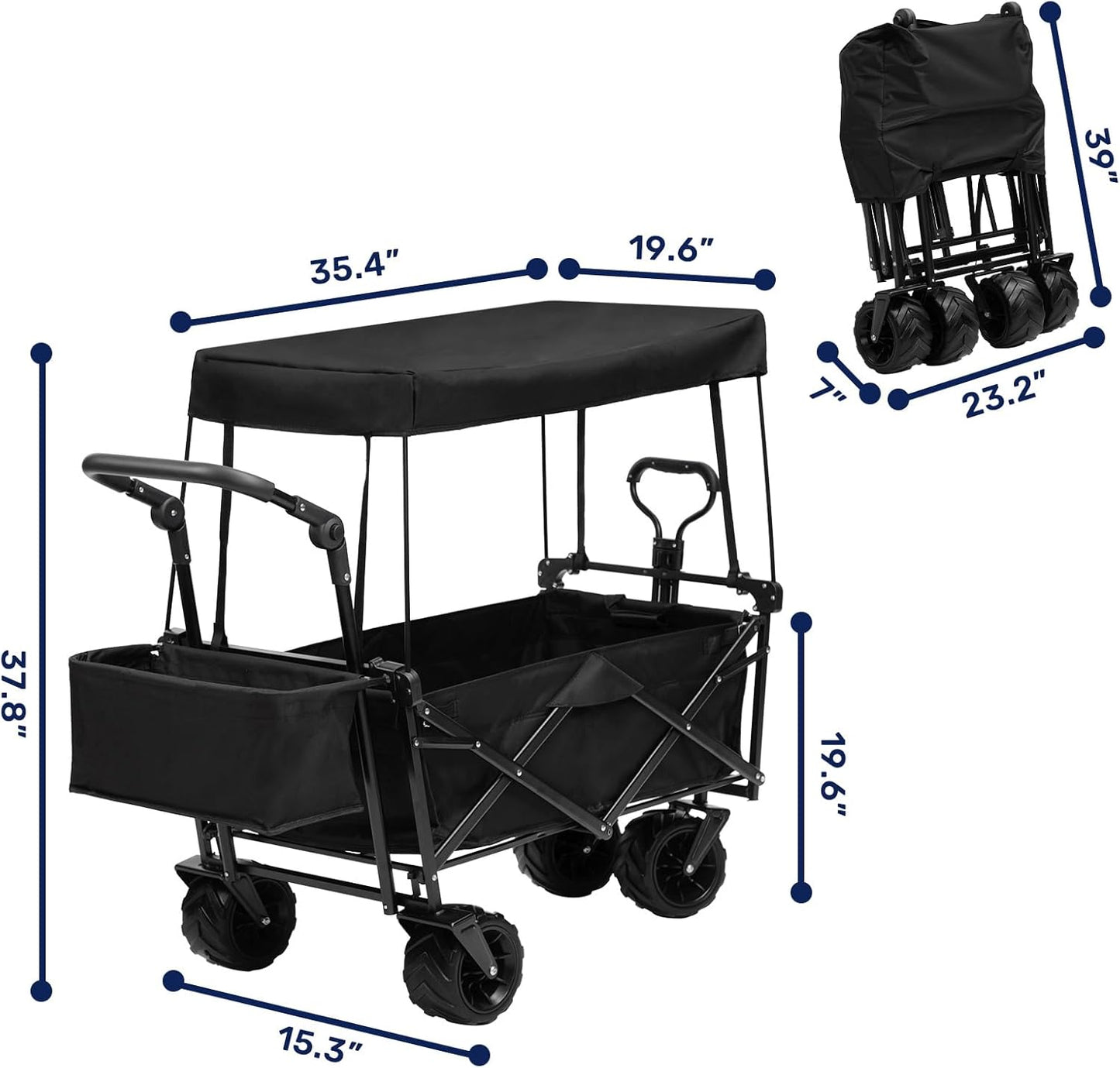 ALIMORDEN Foldable Canopy Wagon Garden Cart, Heavy Duty Outdoor Utility Collapsible Tool Cart with Removable Canopy and Big Wheels, Black
