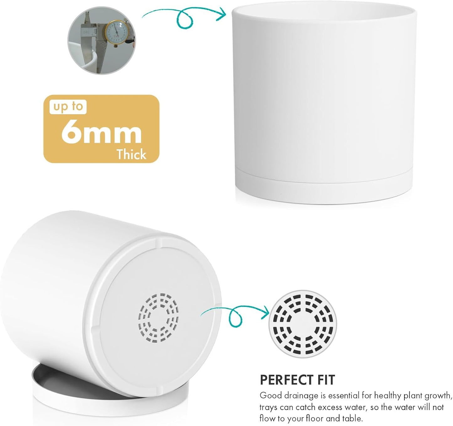 8 Inch Cylinder Plant Pots for Indoor Outdoor Plants, Medium Deep Flower Pots with Drainage Holes & Saucer, Decorative Plastic Planter Pots for Garden House Plants, White