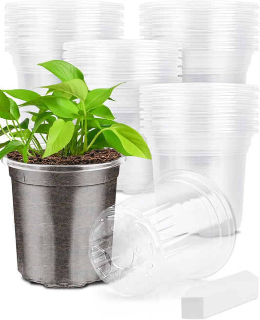 PACETAP 50Pack 4 Inch Reinforced Clear Nursery Pots with Drainage Holes, Variety Pack Plastic Plant Pots with 20 Plant Labels for Indoor Outdoor Flower Seed Starter