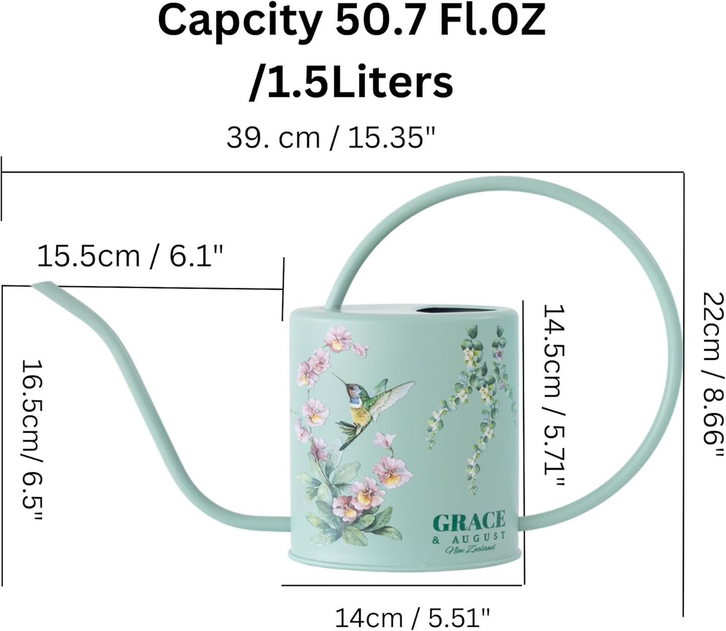 Watering Can for Indoor House Plants - Cute Decorative Metal Gardening Small Water Can for Houseplants & Flowers with Long Spout - 1.5L 51floz 0.4 Gallon (Hummingbird Sage)