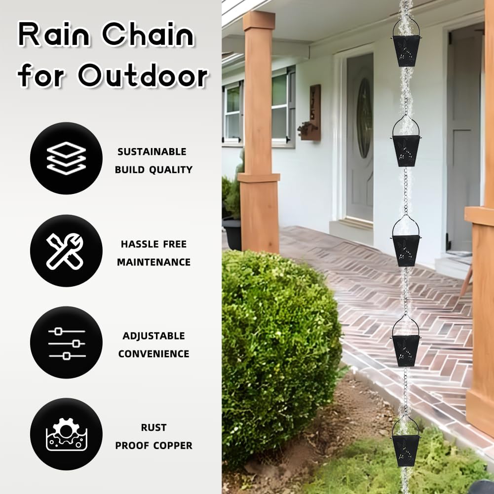 10.92 FT Black Rain Chain, Square Rain Chain for Outside with 12 Cups Adjustable Metal Chain Rain Catcher Chain for Gutters, Eaves, Drainage, Replacement for Downpout