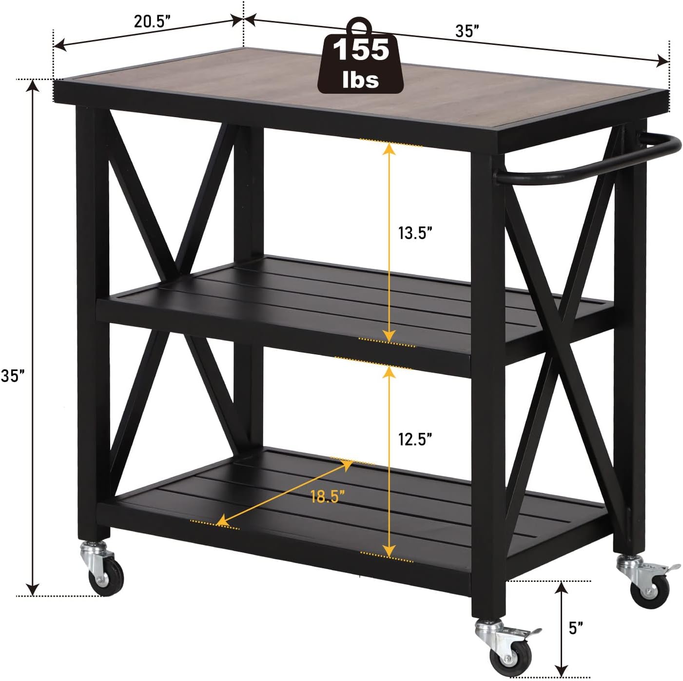 PHI VILLA Outdoor Grill Table, Elegant Grill Cart with Ceramic Wood Grain Table Top, Serving Cart with Shelves, Patio Grilling Backyard BBQ Grill Cart, Black