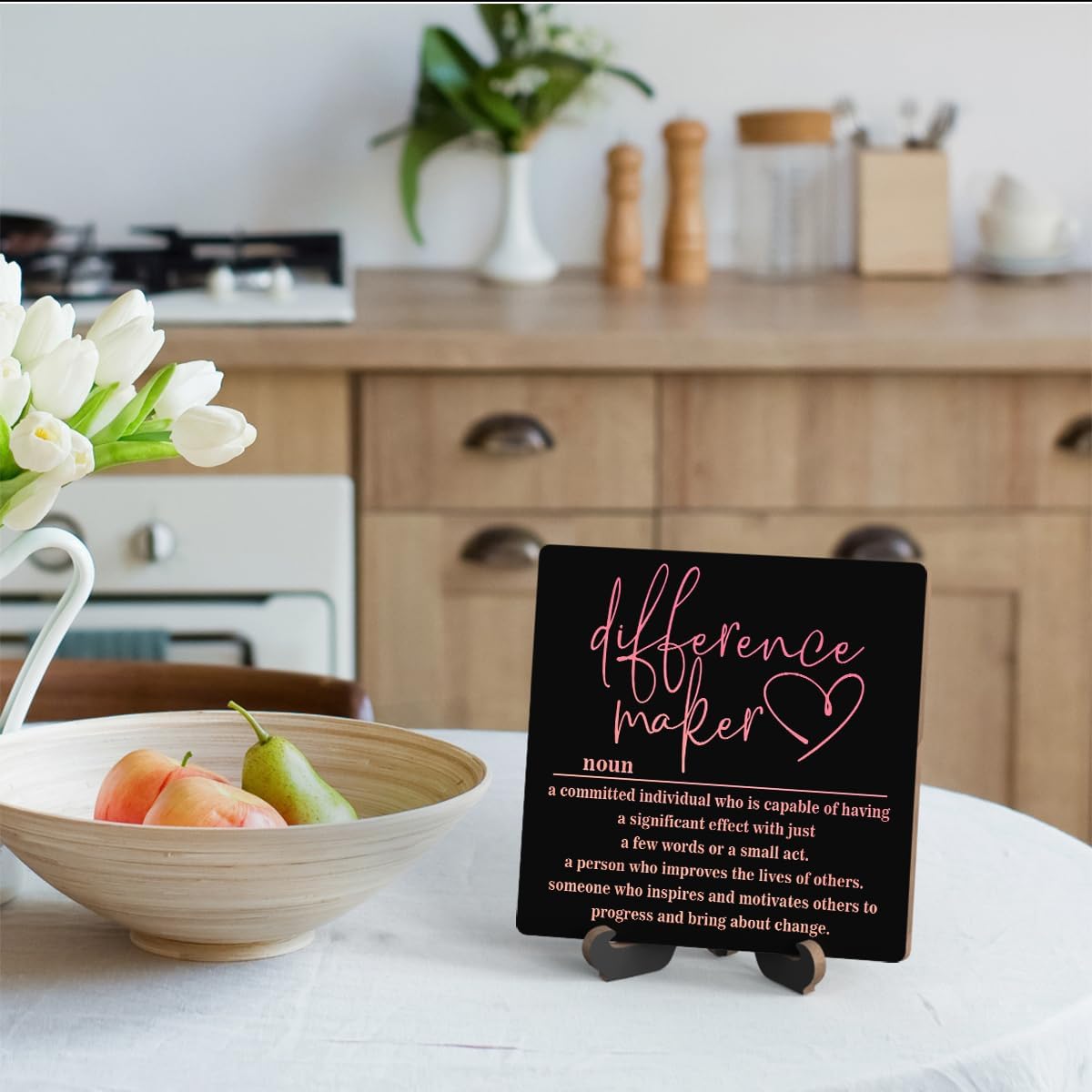 Wooden Table Sign Office Decor Difference Maker Definition Desk Decor Wood Plaque With Stand Thank You Gifts for Boss Women Best Mom Coworker Teacher Office Desk Accessories(Black)-C02