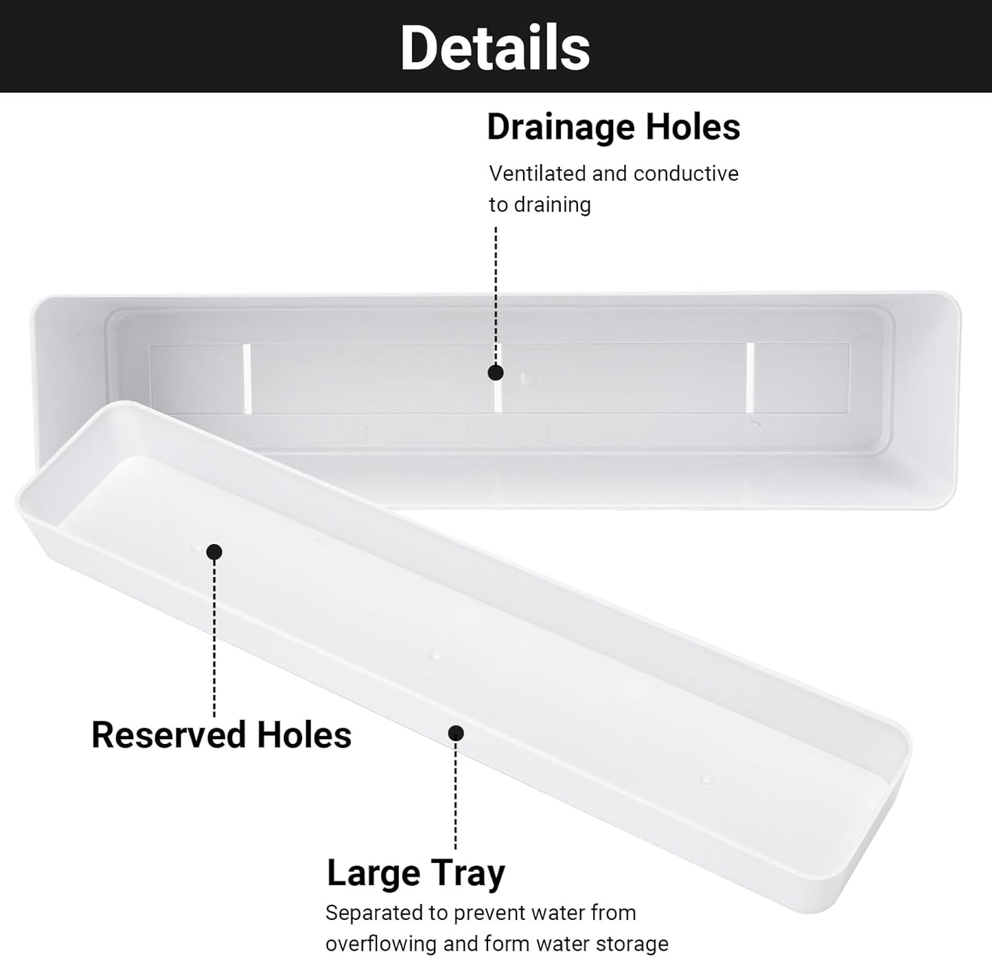 GREANER Herb Planter with Tray, 1 Pack 12x3.8 Inch Rectangle Window Box, Indoor Succulent Flowers Succulent Plastic Pot for Windowsill, Garden, Balcony, Office Outdoor Decoration - White