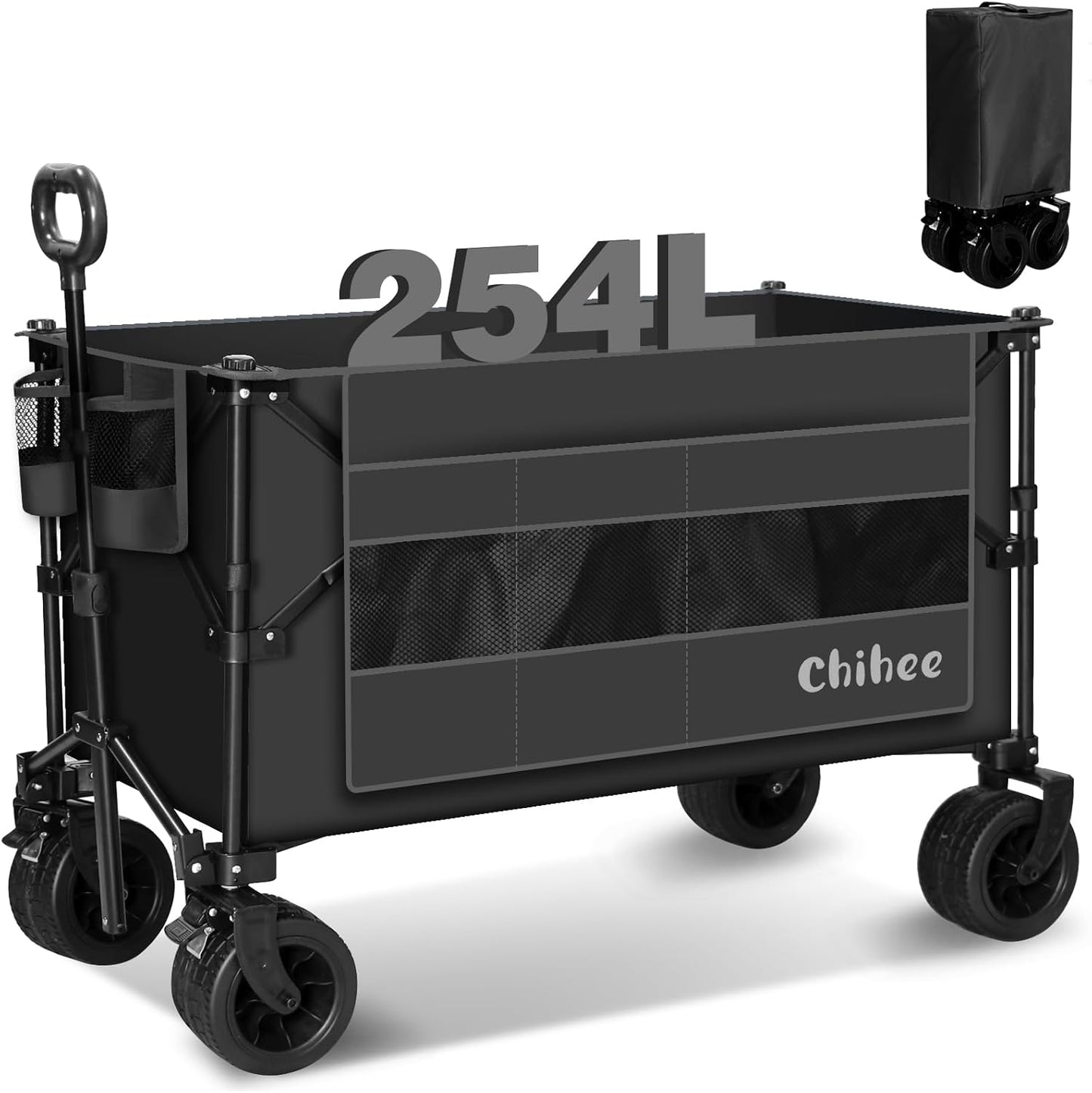 Chihee Garden Cart Collapsible Outdoor Utility Wagon Cart,Folding Beach Cart Oversized Capacity 254L,Heavy Duty Portable Wagon All Terrain Wheels Oversized Side Pocket 2 Drink Holders for Camping