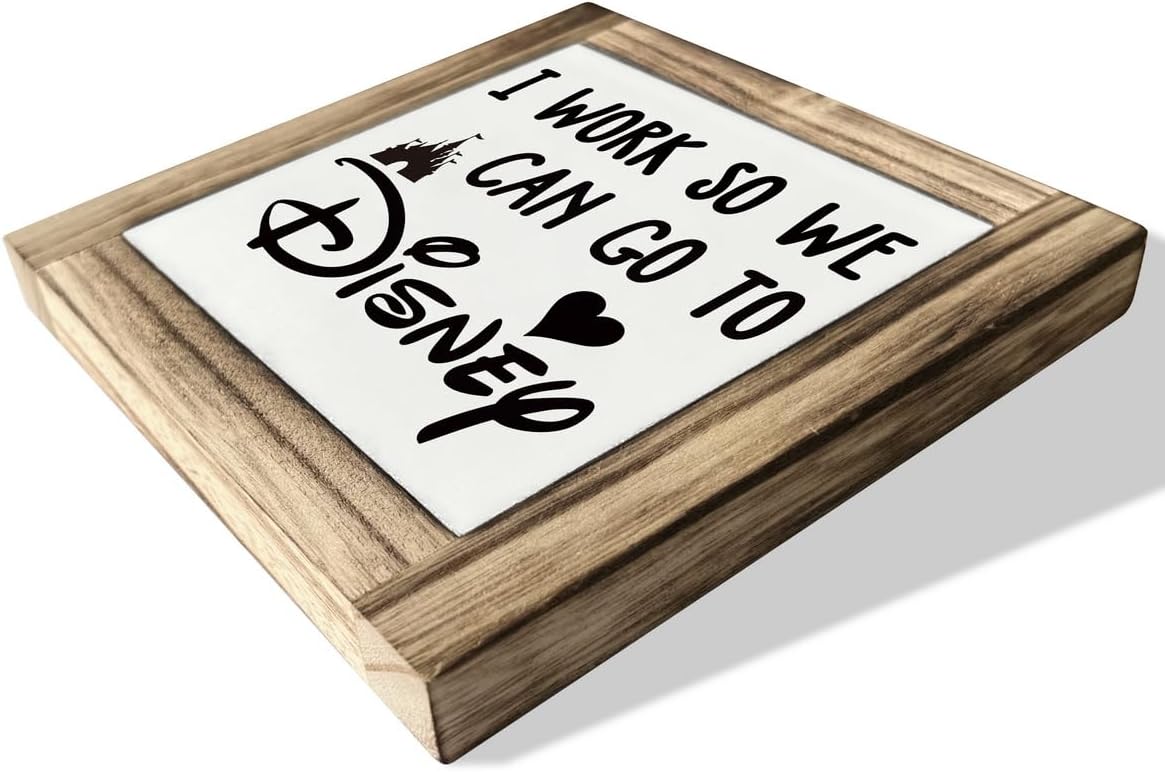 Inspirational Wood Signs, Box Wood Plaques Desk Décor, Decorative Plaques and Signs, Rustic Office Decor Art, Motivational Office Desk Decor, Farmhouse House Decoration, I Work So We Can Go to Disney