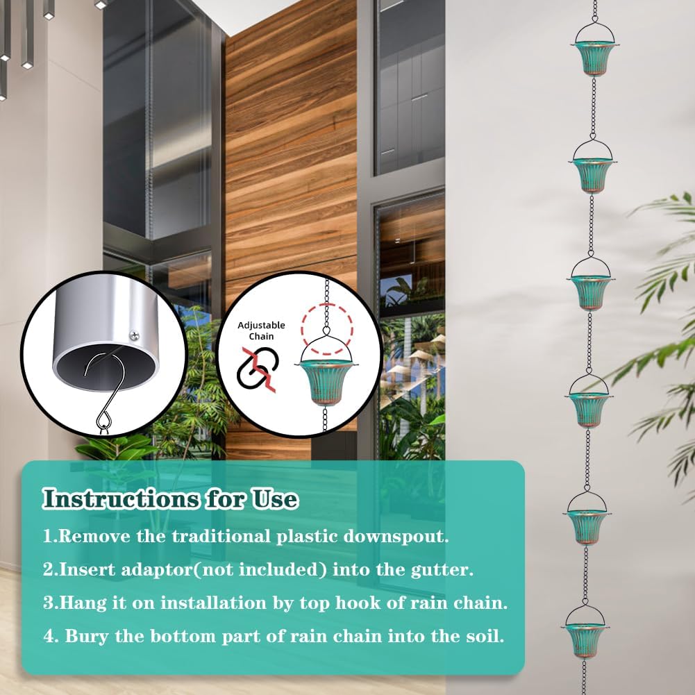 11ft Copper Rain Chains for Outside, 12 Cups Rain Catcher Chain Replacement Downspout for Gutters, Adjustable Length