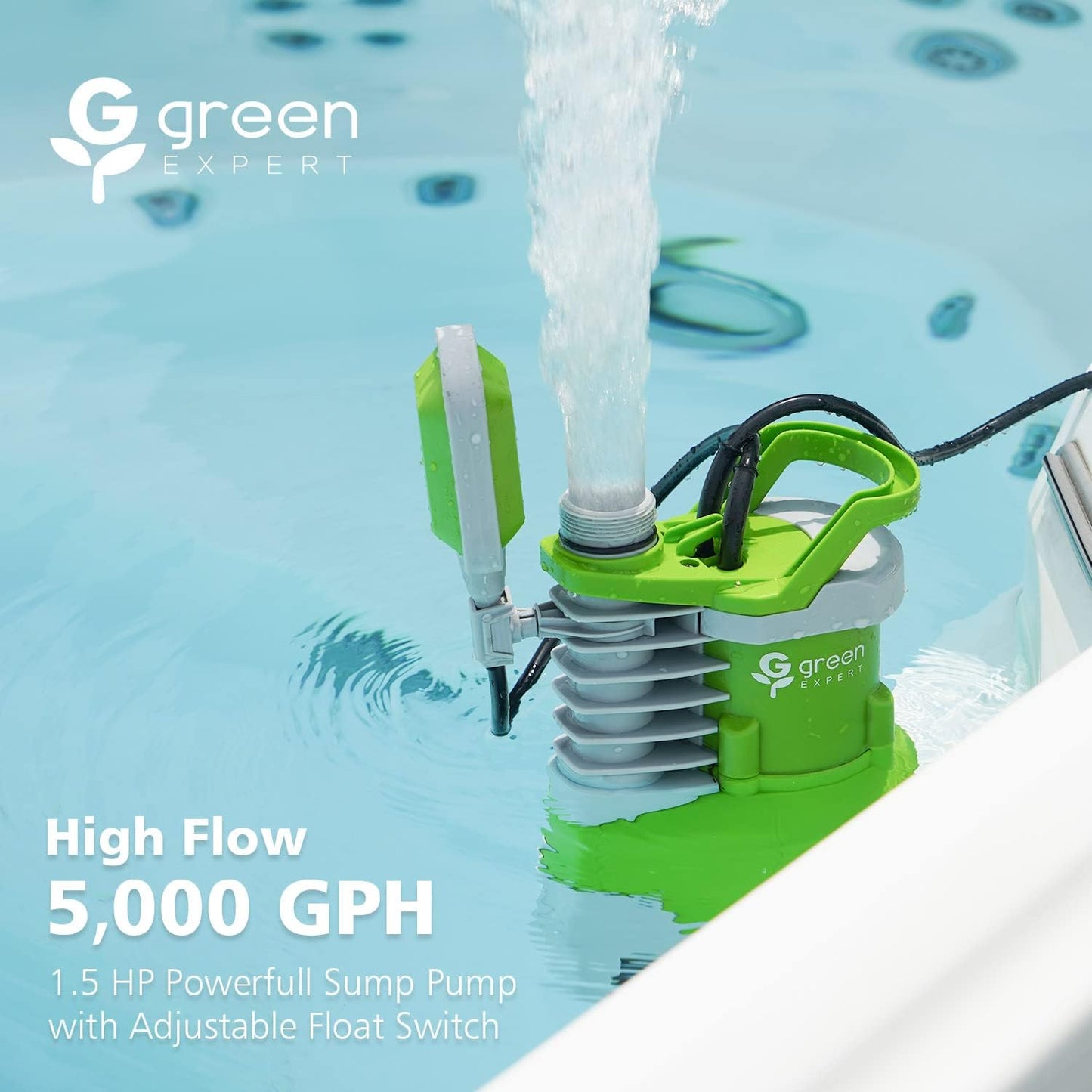 Green Expert 1.5HP Submersible Sump Pump High Flow 5000GPH 25ft Power Cord Manual Automatic On/Off for Water Removal from Basement Sump Pit Pools Hot Tub Spas Garden Pond