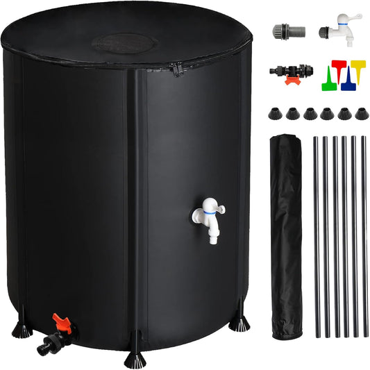 50 Gallon Collapsible Rain Barrel, Water Storage Tank, Portable Rainwater Collection System, Rain Catcher Barrel with Two Spigots and Overflow Kit, Rain Water Barrel Collector for Garden, Black