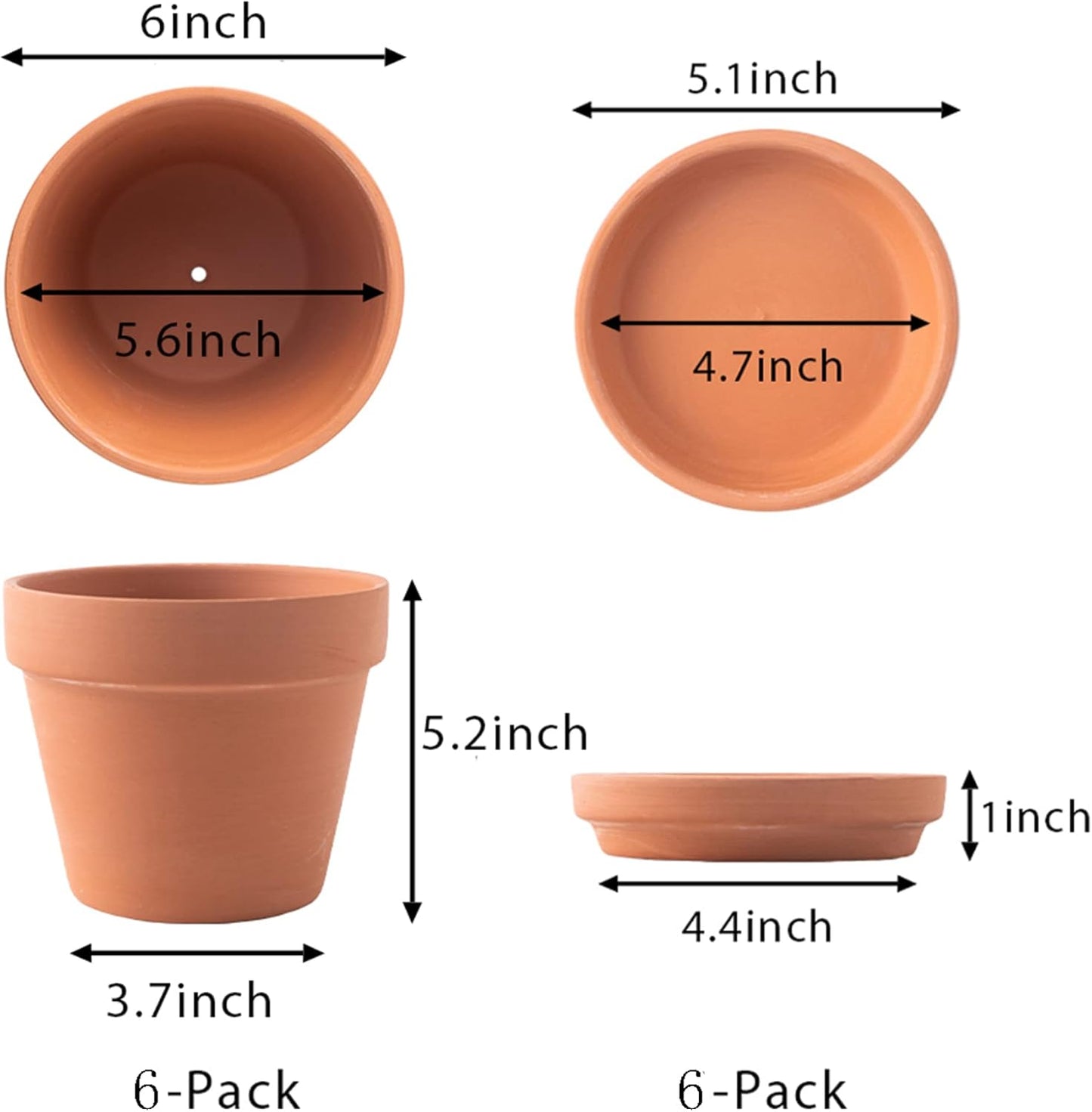 Yishang Large Terra Cotta Pots with Saucer- 6 Pack Large 6'' Terra Cotta Plant Pot with Drainage Hole, Flower Pot with Tray, Terracotta Pot for Indoor Outdoor Plant