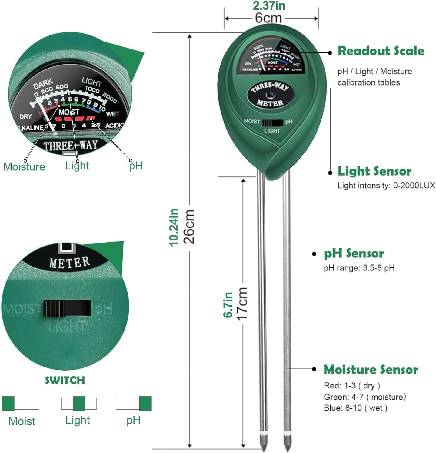 2 Pack Soil Tester, 3-in-1 Plant Moisture Meter Light and PH Tester Garden Lawn Farm, Indoor and Outdoor Use, Soil Test Kit Acidity Water