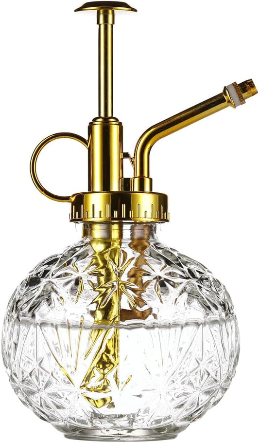 Glass Plant Mister Spray Bottle, 6.5" Clear Glass Water Spray Bottle with Gold Top Pump Small Watering Can, Small Plant Sprayer Mister for Indoor Outdoor House(Clear+Gold E)