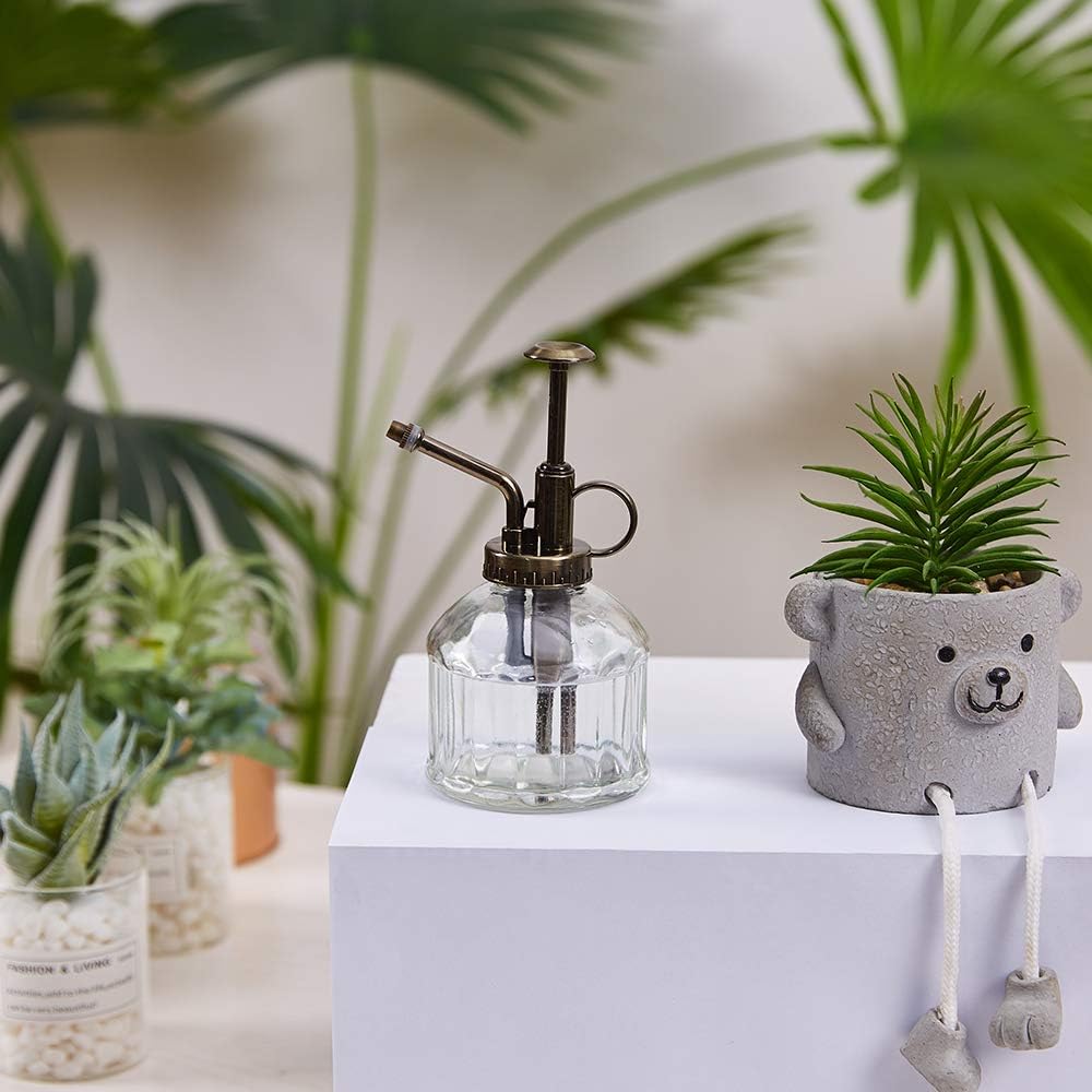 Glass Plant Mister Spray Bottle, 6.5" Tall Vintage Plant Water Spritzer Sprayer, Succulent Watering Bottle with Top Pump, Small Glass Watering Can for Indoor Outdoor Houseplant - Clear