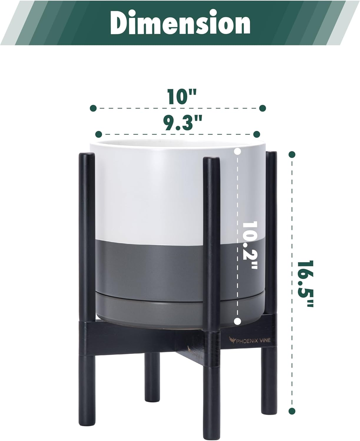 D'vine Dev Ceramic Planter with Ebony Stand - 10 Inch Modern Round Flower Pot with Wood Planter Holder, White/Grey, 55-B-L-6