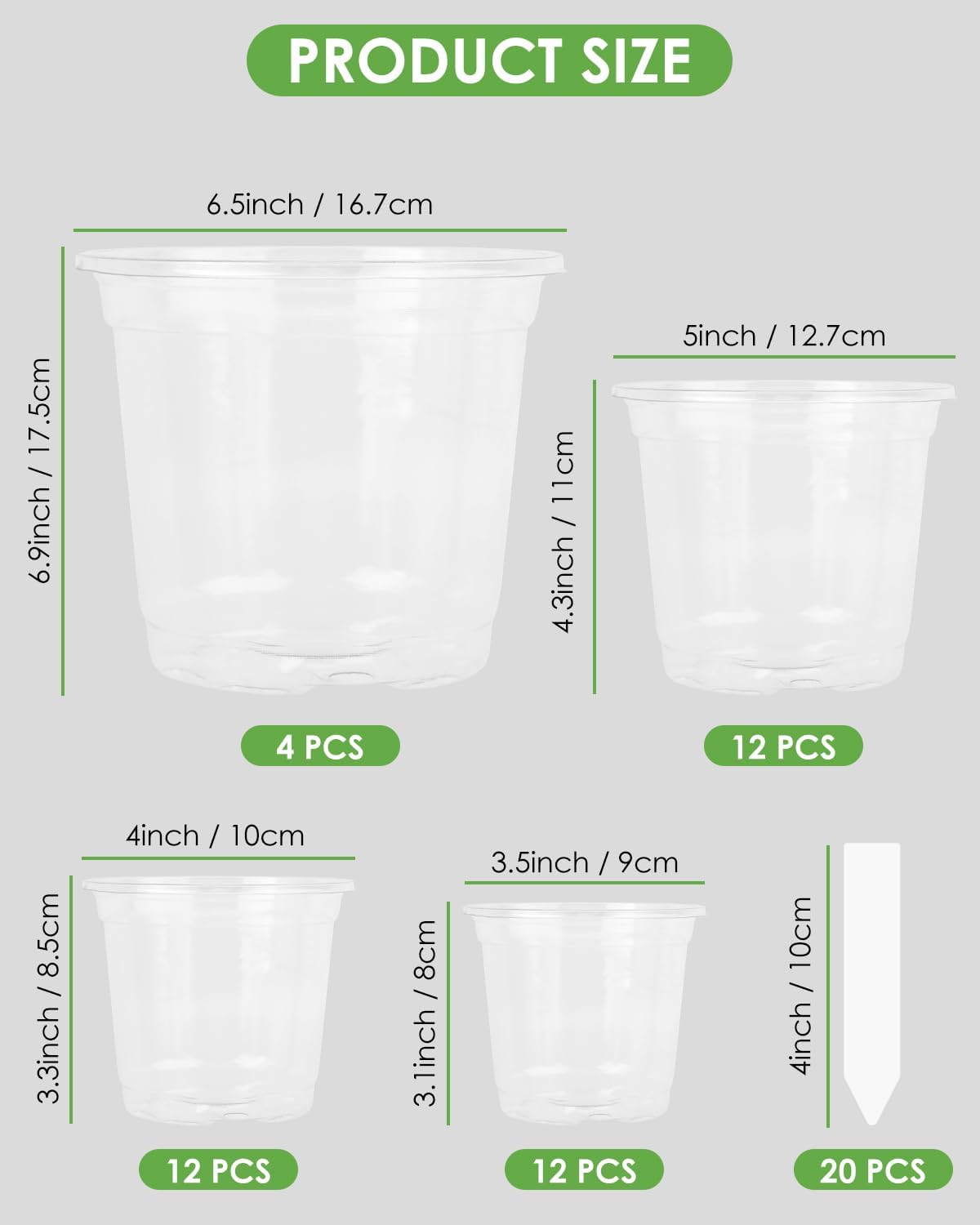 PACETAP 40Pack 6.5/5/4/3.5 Inch Reinforced Clear Nursery Pots with Drainage Holes, Variety Pack Thickened Plastic Plant Pots with 20 Plant Labels for Indoor Outdoor Flower Seed Starter