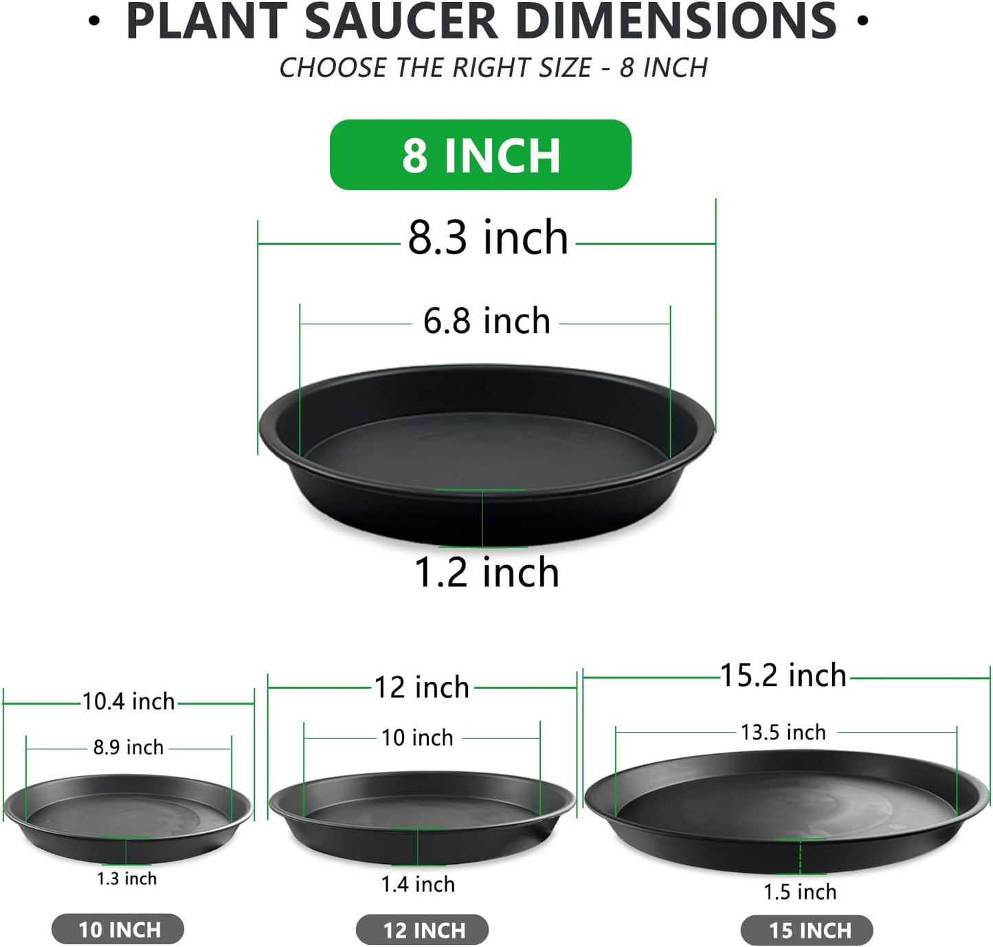 6 Pack 8 Inch Black Plant Saucers, Heavy Duty PP Plastic Plant Trays for Pots, Durable Flower Pot & Planter Saucers, Water Catcher Drip Trays Indoor Outdoor Use