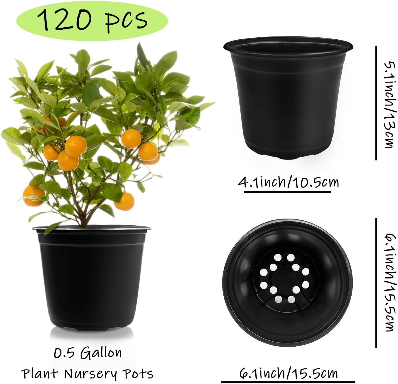 Anyumocz 120Pcs 0.5 Gallon Plant Nursery Pots,Plastic Pots with Drainage Holes,Garden Flower Container Seedling Pot for Planting,Transplanting,Succulents,Cuttings(Black)