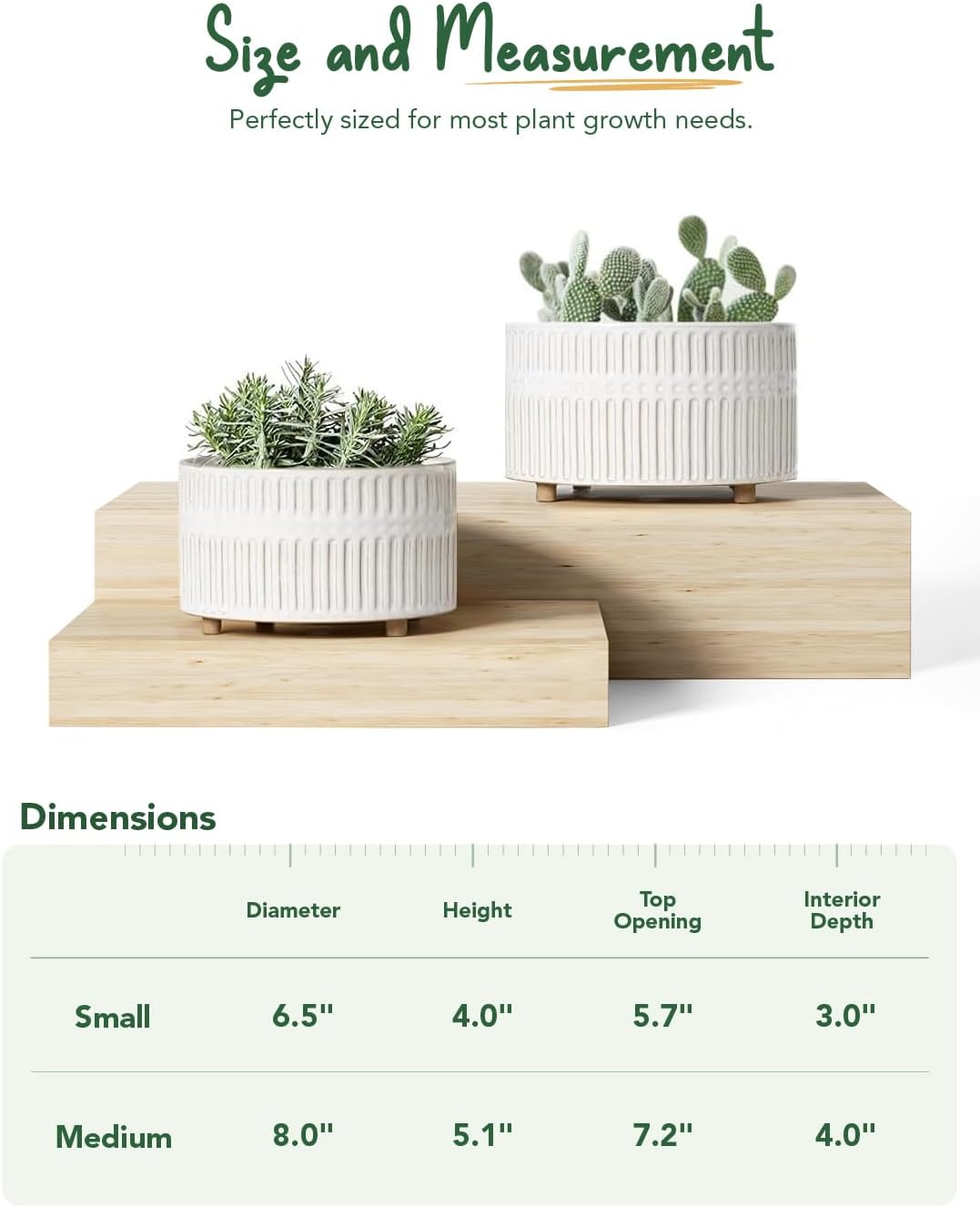 LE TAUCI Succulent Planters, 6.5+8 Inch Ceramic Indoor Plant Pot with Drainage Hole, Shallow Round Succulent Pots, Set of 2, Reactive Glaze White