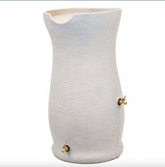 50-Gallon Impressions Corsican Rain Barrel with Diverter Kit, Light Gray Textured Finish, Dual Brass Spigots, Downspout Connection
