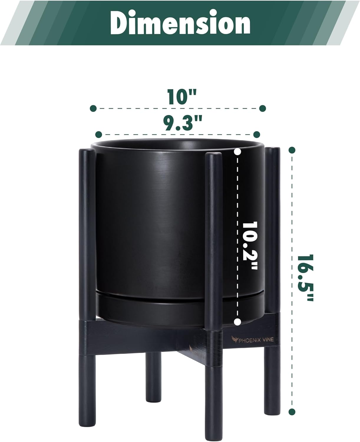 D'vine Dev Ceramic Planter with Ebony Stand - 10 Inch Modern Round Flower Pot with Wood Planter Holder, Black, 55-B-L-2