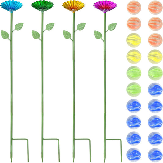 4 pcs Metal Colorful Flower Design Butterfly Feeders Bowl Bee Watering Station with 20 Colorful Glass Marbl for Outdoor Patio Garden Decoration (Red,Green,Blue,Yellow)