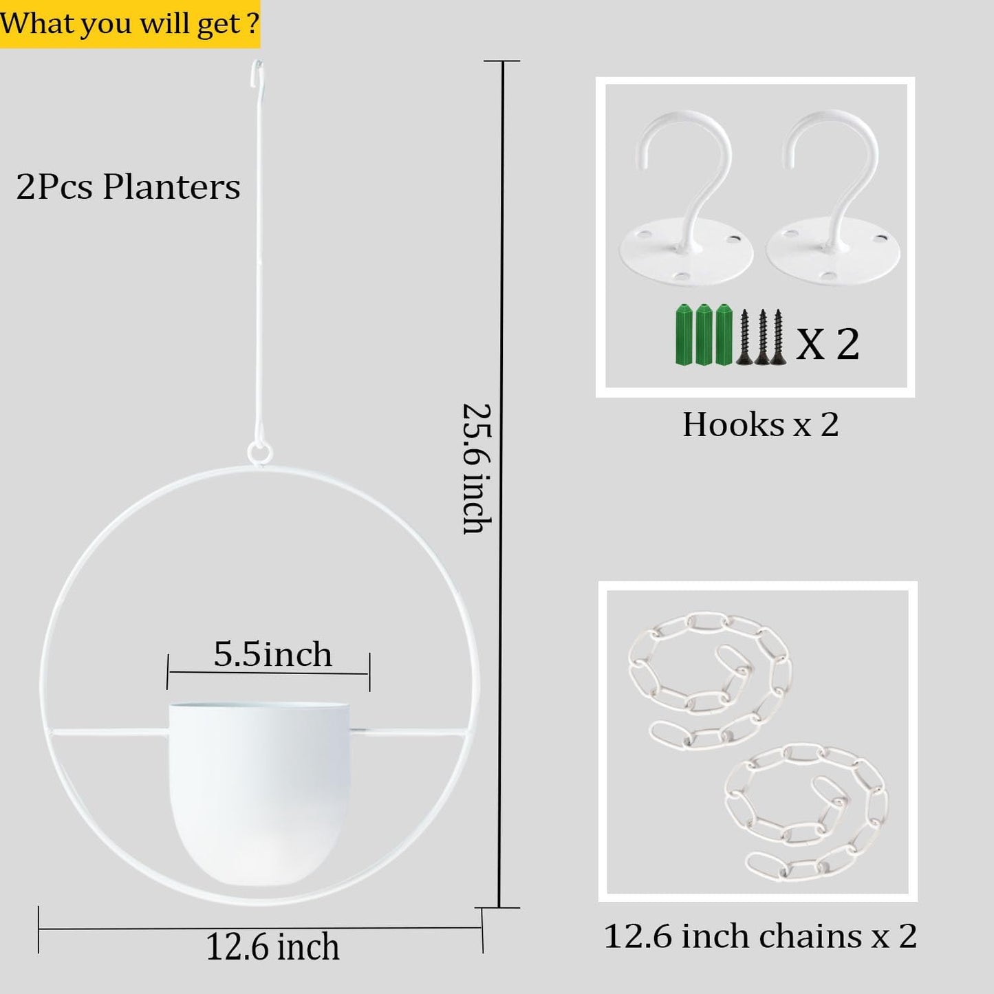 2 Pack Hanging Planters for Indoor Outdoor Plants Modern Metal Plant Hangers, Wall and Ceiling Hanging Plants Baskets Mid Century Minimalist Flower Pots Home Decor (White)