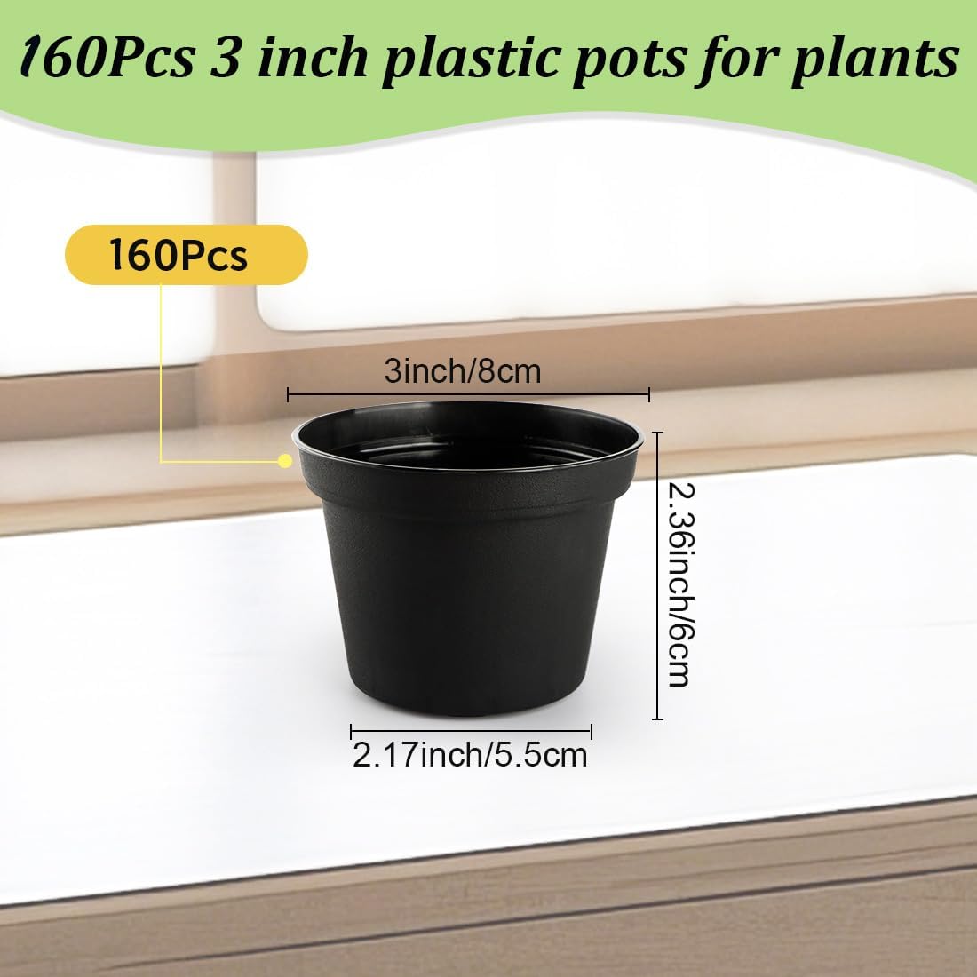 160 Pack 3 Inch Black Nursery Pots - Plastic Seedling, Seed Starter, Germination Pots with Drainage for Plants, Succulents, Flowers, Transplanting