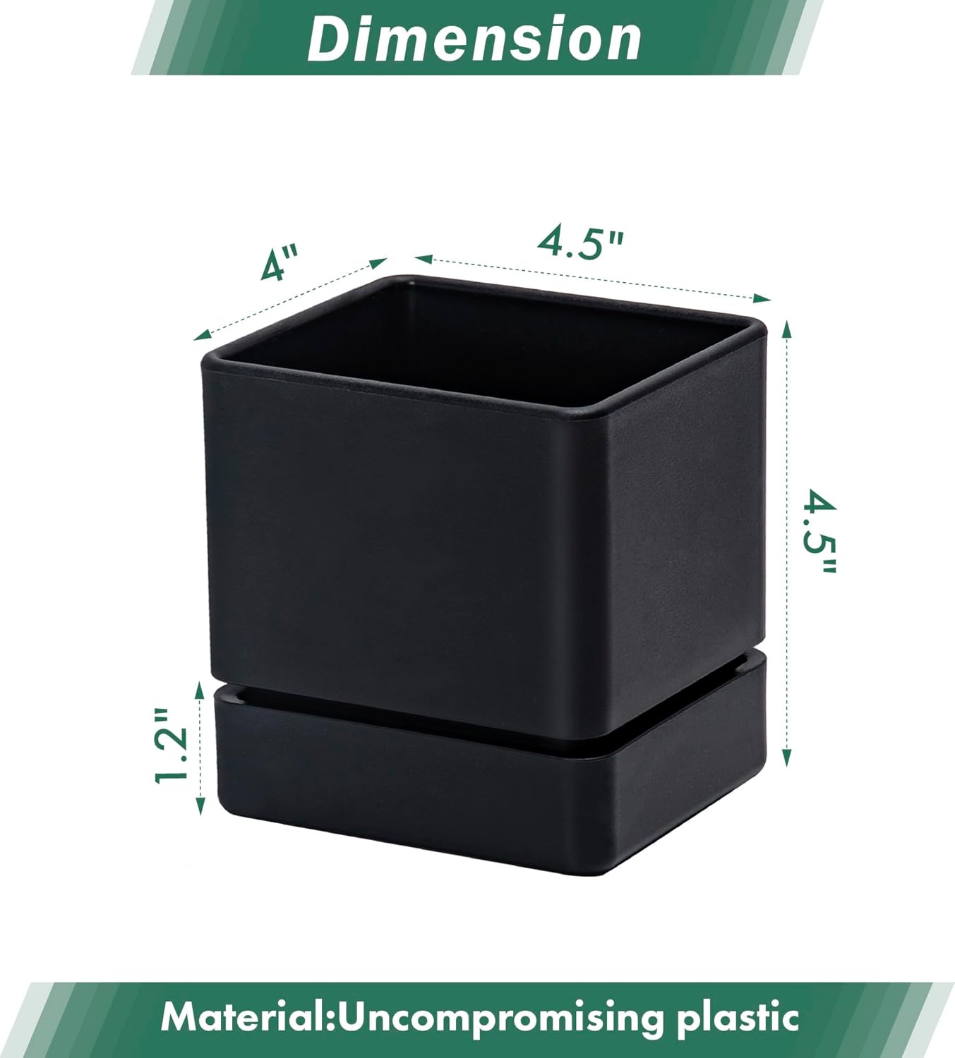 4 Inch Herb Planter Pot, Plastic Planter with Drainage Holes and Saucer, Modern Decorative Gardening Pot for Indoor Plants, Flowers, Herbs, Succulents, Black, Set of 6, 76-Y-B-6