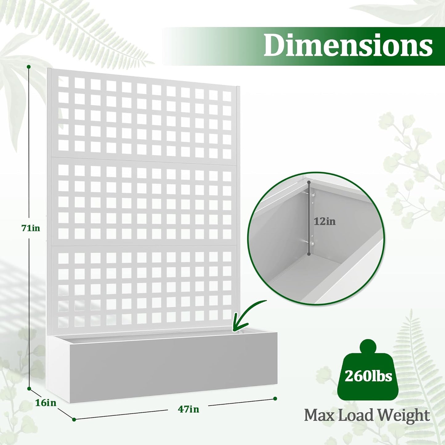 Metal Raised Garden Bed with Trellis, 2 in 1 Trellis with Planter Box & Privacy Screen for Climbing Plants, Vine, Outdoor Standing Flower Beds with Drainage Holes, 47.2"L x 16.7"W x 70.8"H, White