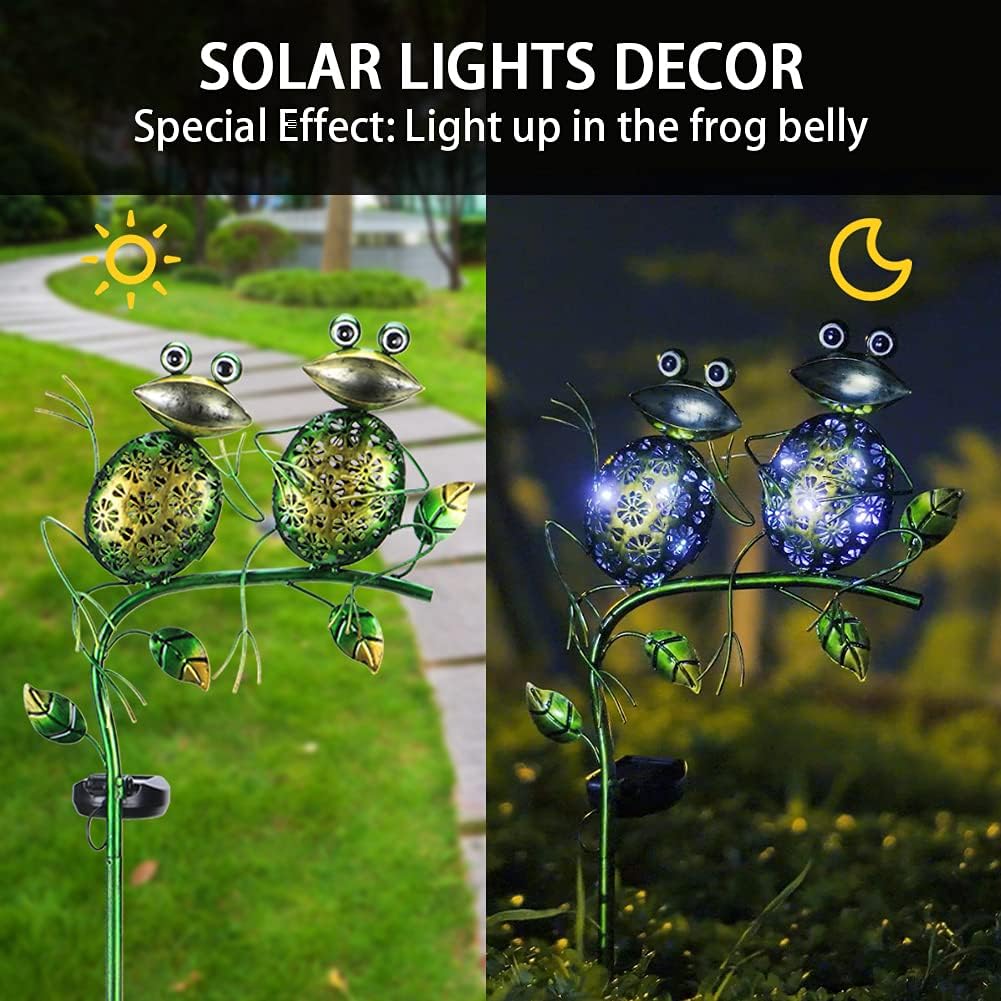 Afirst Solar Lights Outdoor Decorative Metal Sitting Frogs Hollow Out White LED Metal Waterproof Garden Stake Lights for Walkway Pathway Lawn Patio Yard Decorations