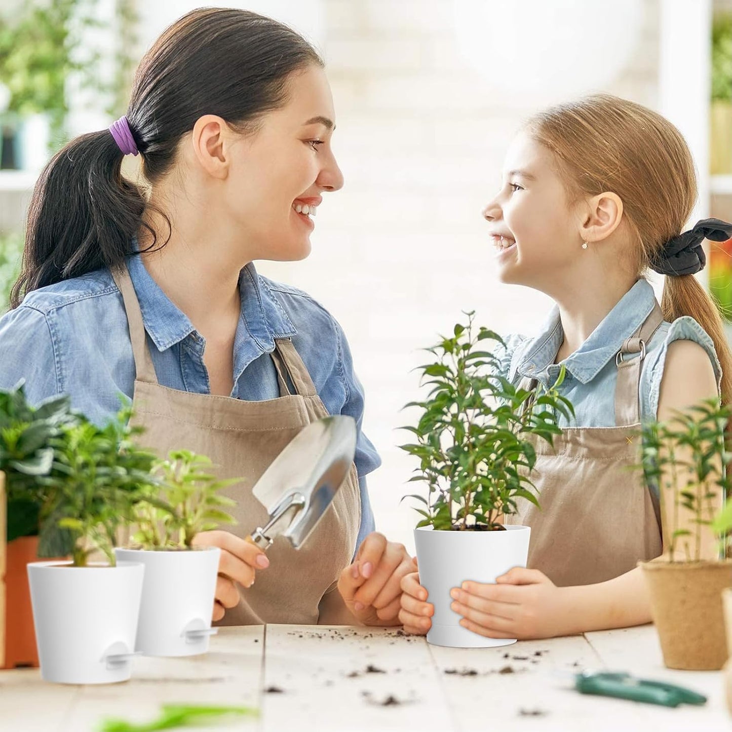 4 inch Self Watering Pots for Indoor Outdoor Plants, 6 Pack Plastic Flower Planters with Drainage Holes and Removable Saucers, Plant Pots with Wicking Rope, Modern Decor, White