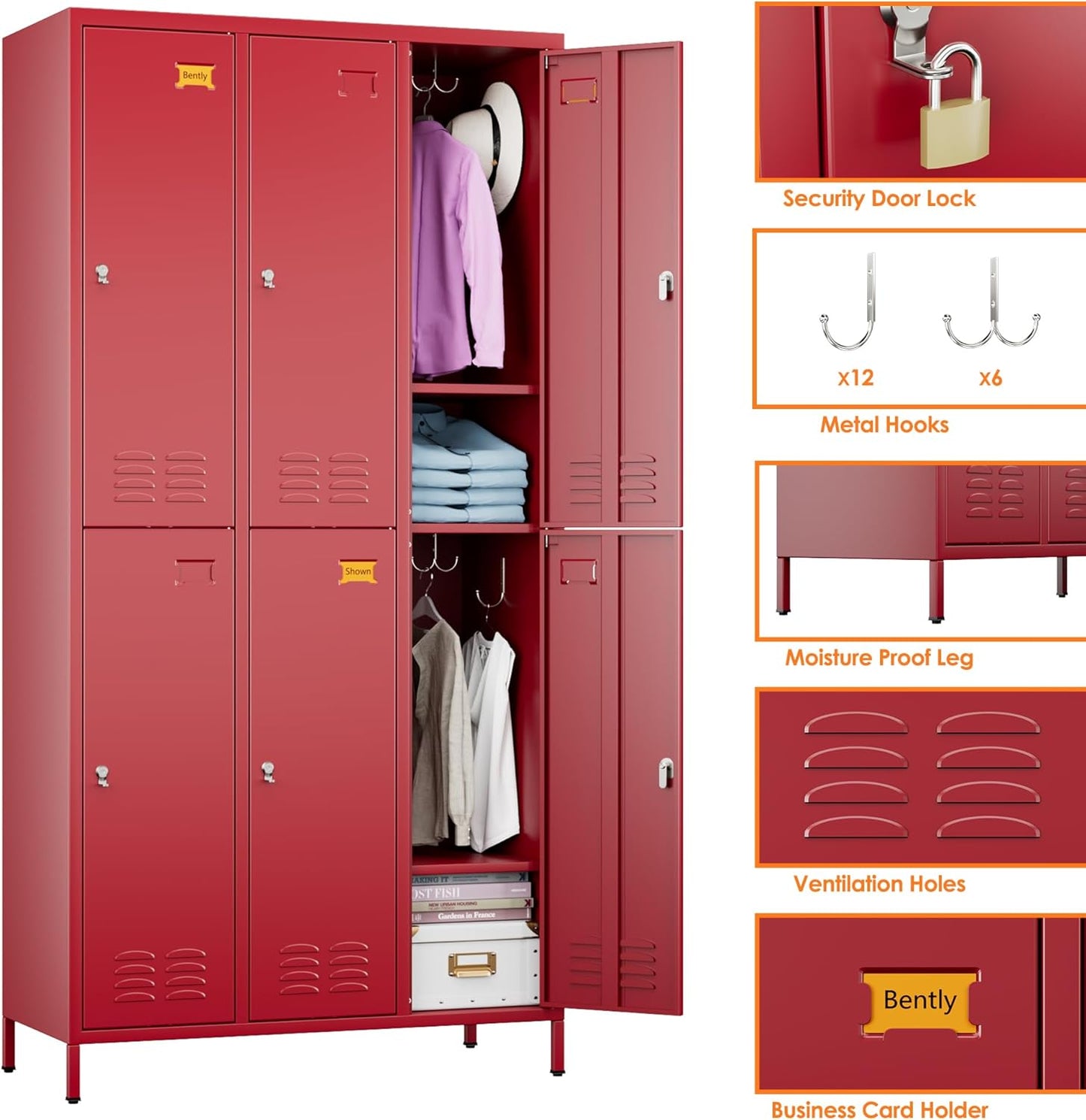 6 Doors Metal Lockers for Employees with 6 Shelves and 18 Hooks, Storage Locker with Business Card Holder for Office Gym School Bedroom, Assembly Required, Red