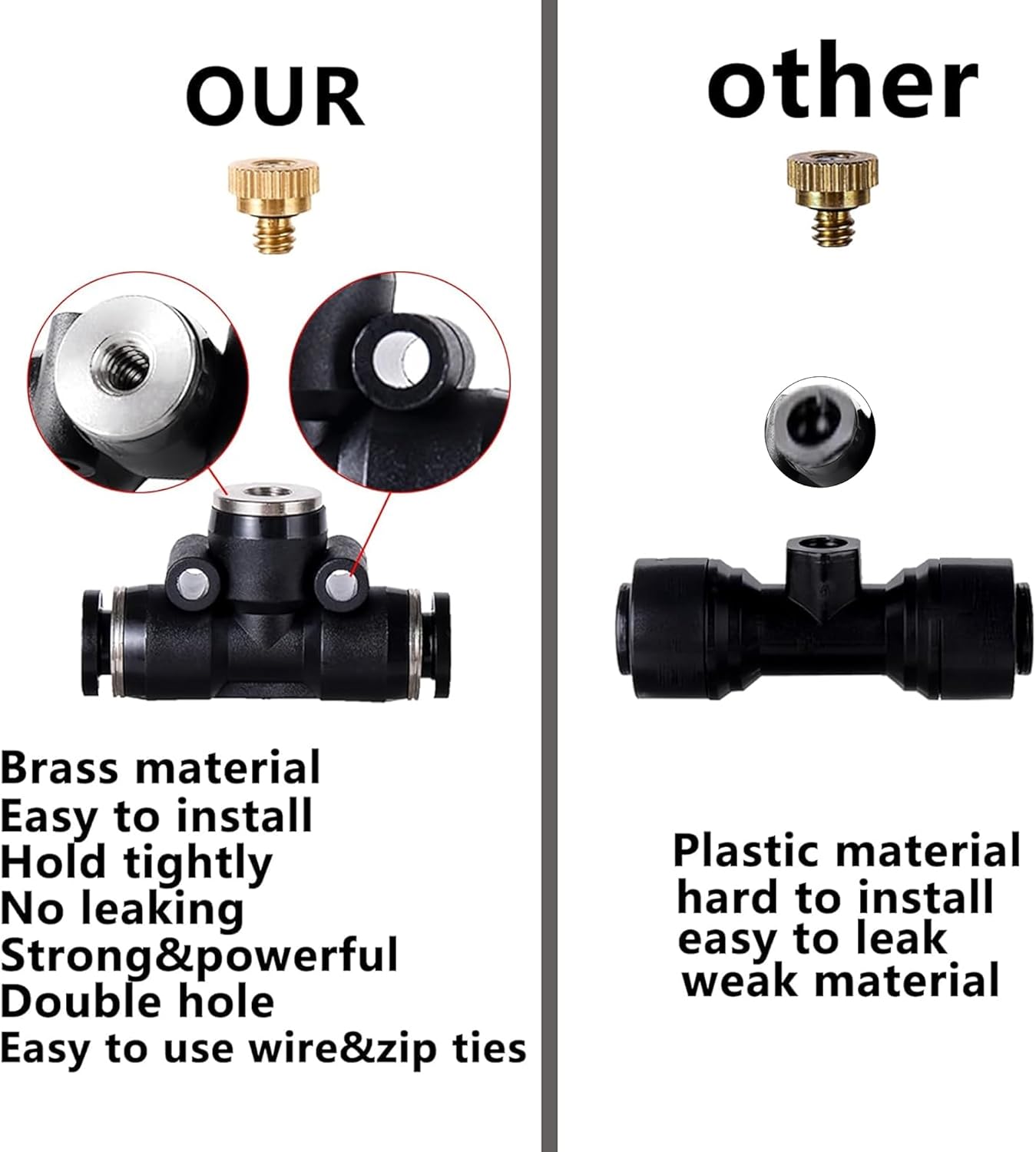 24 Pack Brass Misting Nozzles Outdoor Cooling System with 24 Heavy Duty Mister Nozzle,24 Tees,4 Brass Plugs,4 Black Plugs for Outdoor Cooling System
