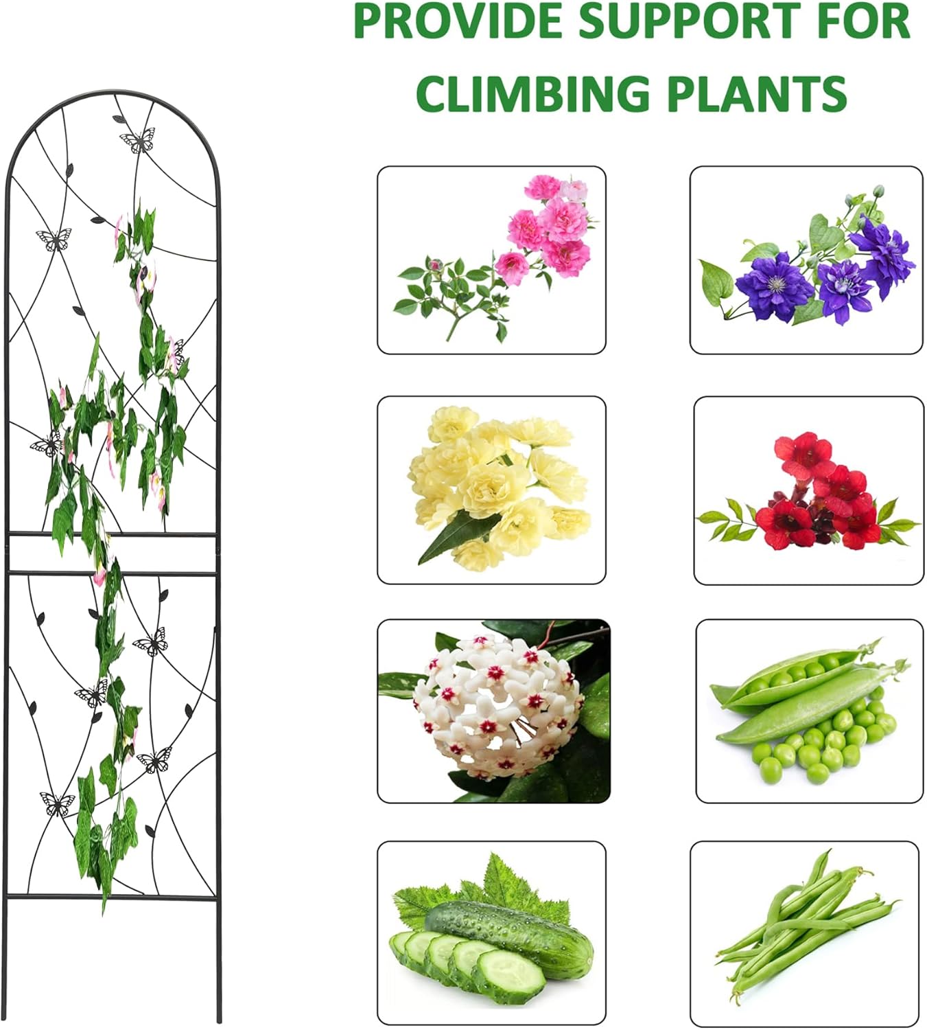 2 Pack Metal Garden Trellis for Climbing Plants, 86.7" Tall Rustproof Outdoor Trellis Panel with Butterfly Design, Decorative Black Iron Plant Support for Vine, Rose, Flower, Garden Wall