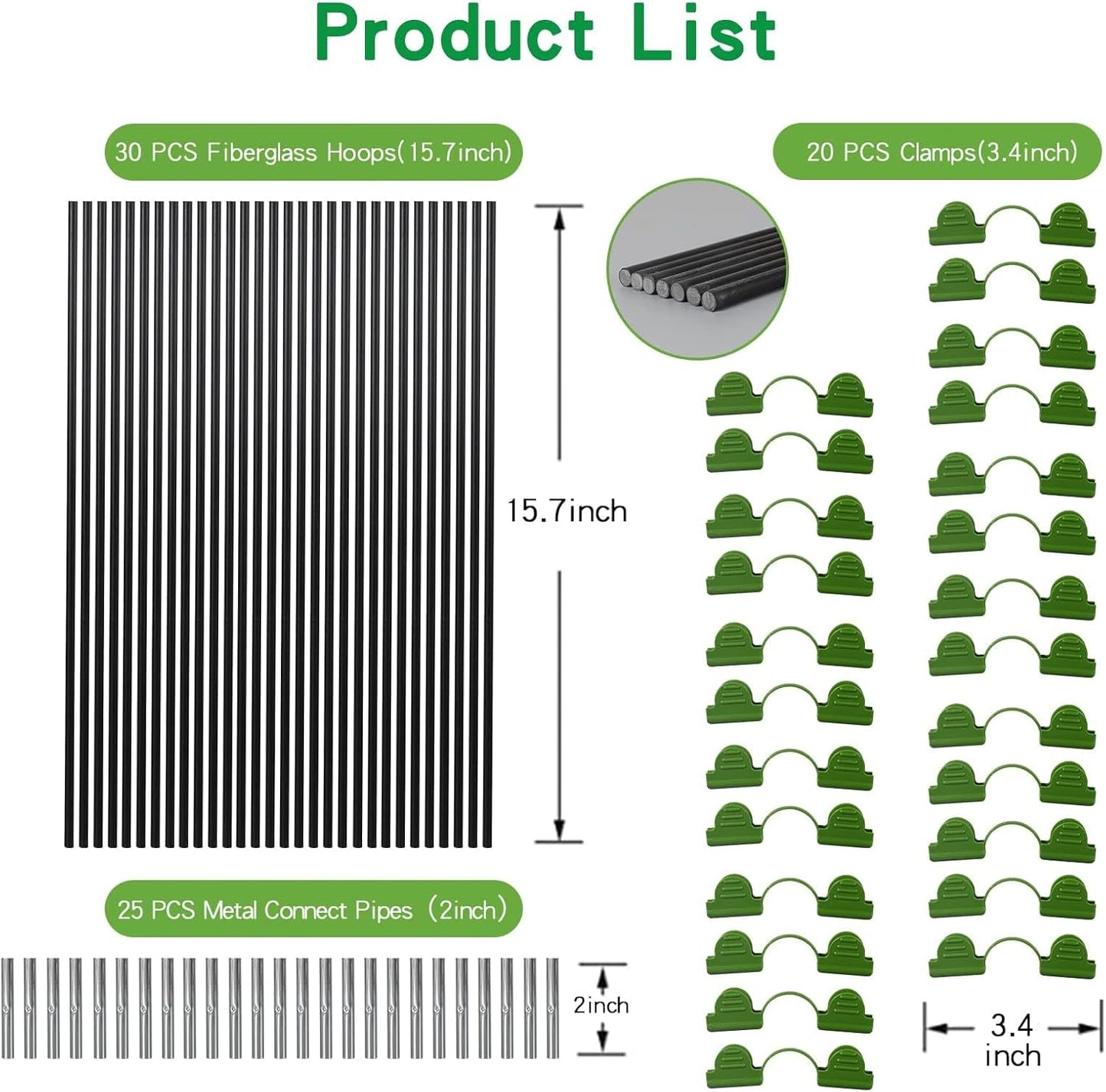 Greenhouse Hoops Grow Tunnel 30 Pcs 16 Inch Up to 6 Sets of 7ft Long Plastic-Coated Rust-Proof Fiberglass Garden Hoops for Raised Beds with 25 Pcs Metal Connect Pipes and 20 Clamps