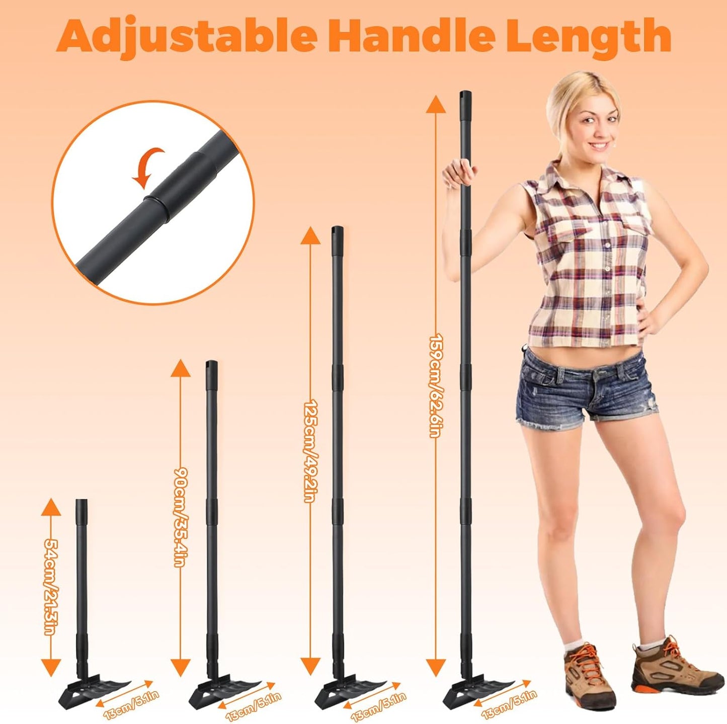 Hula Garden Hoe and 4 Tines Rake 2-in-1 Garden Tool for Weeding, Garden Cultivator with 62.6" Adjustable Long Handle Heavy Duty Weed Puller Stirrup Hoe for Ditching, Seeding, Loosening Soil
