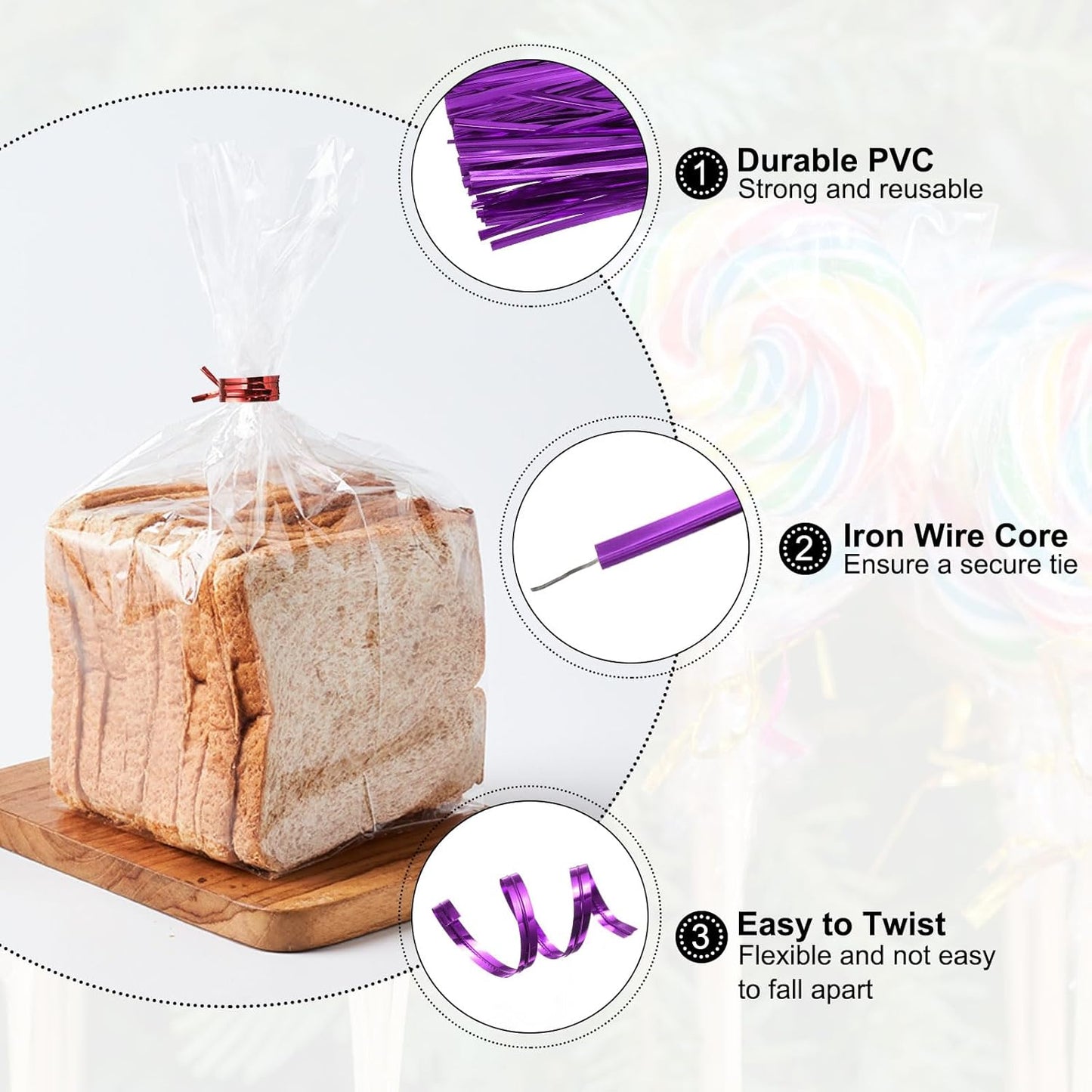 HARFINGTON 800pcs Bag Twist Ties 4.7" Reusable Plastic Metallic Twist Ties Wire Cable Ties for Party Bread Candy Cake, Purple