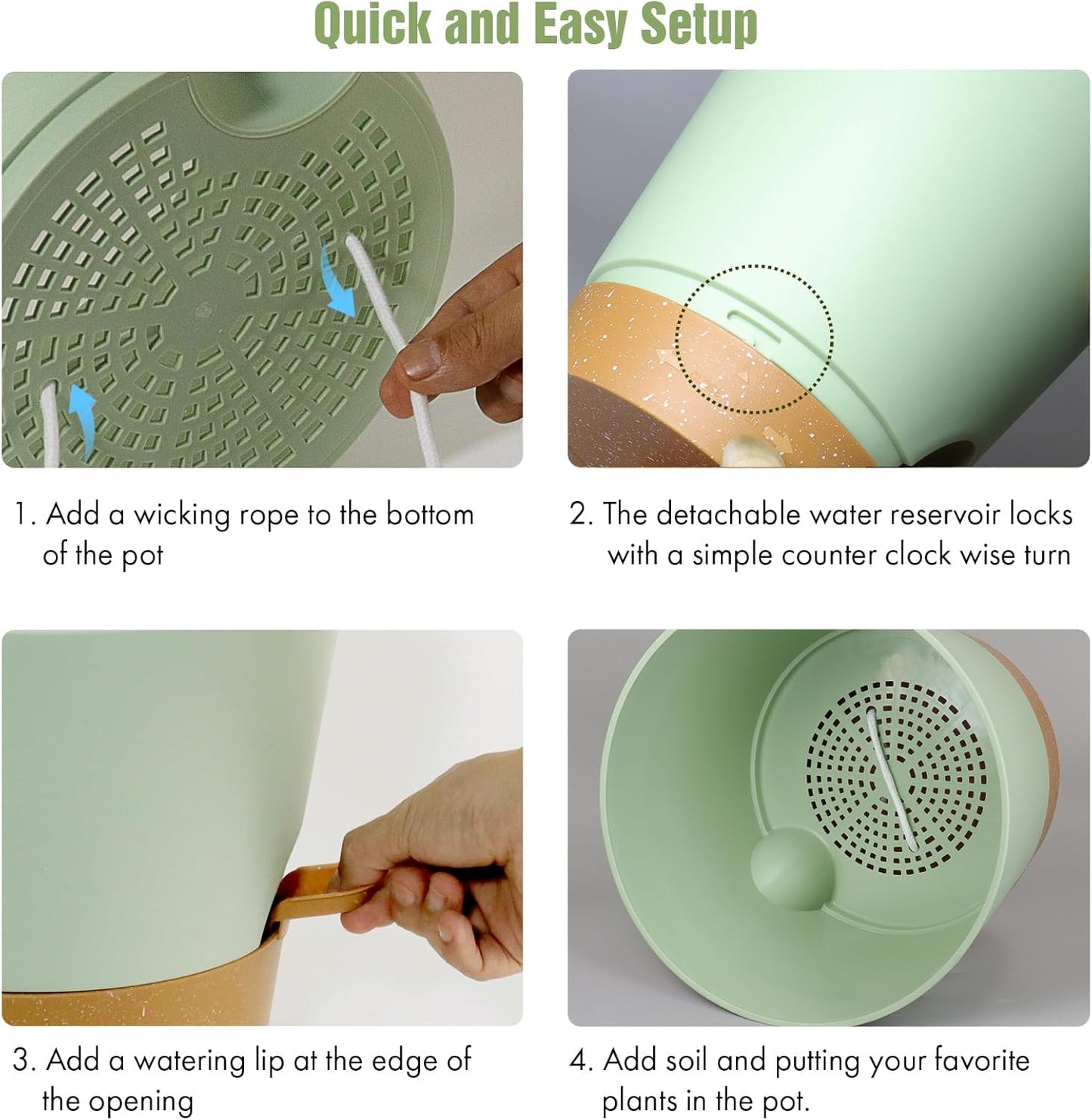 4 inch Self Watering Pots for Indoor Outdoor Plants, 6 Pack Plastic Flower Planters with Drainage Holes and Removable Saucers, Plant Pots with Wicking Rope, Modern Decor, Green Brown