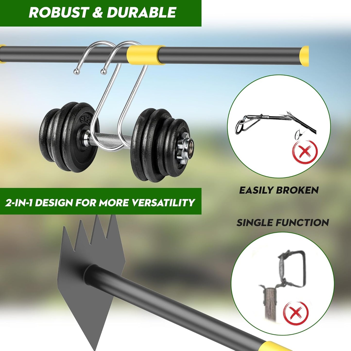 Dual Headed Weeding Tool, Long Handle for Loosening Soil Weeding Digging with Heavy Duty Stainless Steel Manual Weeder Hoe Garden Tool 17-45 inch Metal Black