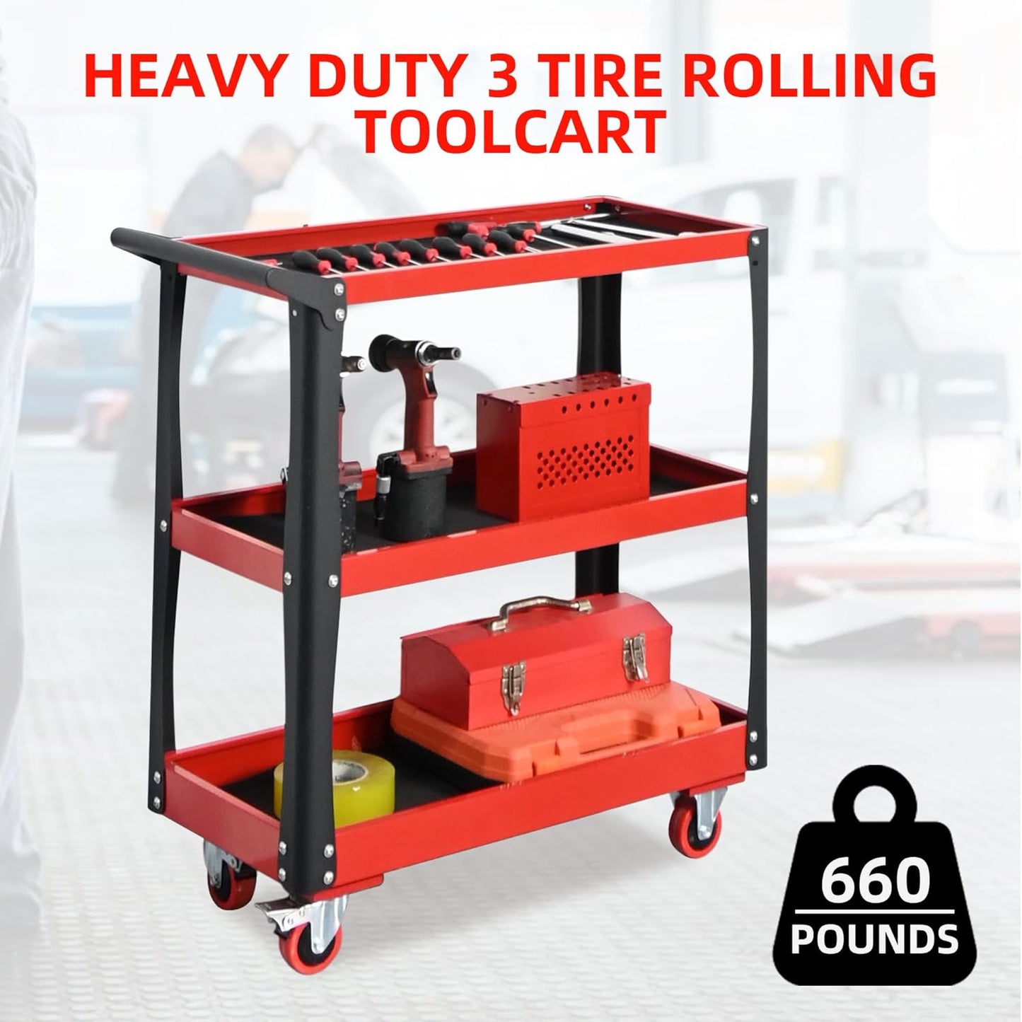 3 Tier Tool Cart with Wheels, Heavy-Duty Steel Utility Rolling Cart, 660 lbs Loading Capacity for Workshop, Garage, Warehouse, Repair Shop
