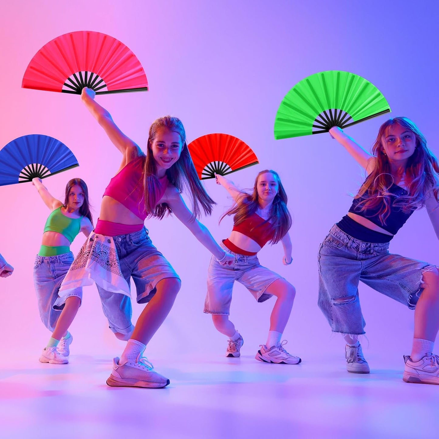 Blulu 4 Pcs 11 Inch Large Folding Hand Fans for Line Dancing Clapping Popping Rave Fans for Kids Women Men for Dancing Boots on The Ground Festival Party Decoration(Classic Style, Chic Color)