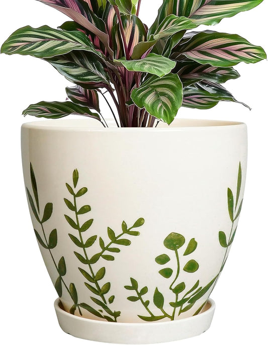 6.8 Inch Plant Pot - Ceramic Planter for Indoor Plants, Flower Pot with Drainage Hole and Saucer, Decorative Boho Round Outdoor Planter, Housewarming Gifts, Garden Room Decor, White
