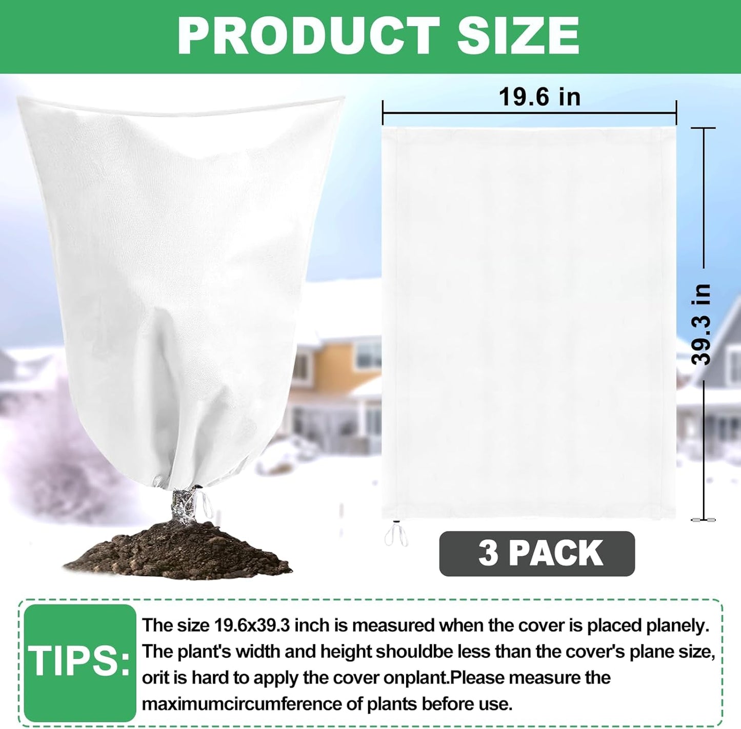 3 Pack Plant Covers Freeze Protection, 19.6" x 39.3" Frost Covers for Outdoor Plants with Drawstring, Plant Covers for Winter Tree Covers Freeze Protection, Winter Cold Weather Shrubs Jacket