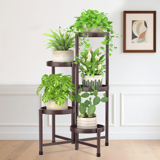 iDavosic.ly Plant Stand Indoor Outdoor, 5 Tier Corner Metal Flower Display Holder Shelf, Folding Tall Orchid Rack for Patio Balcony Porch Garden Living Room House, Violet Bronze