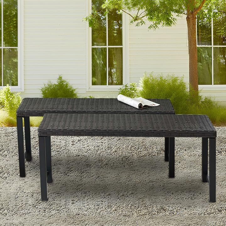 46" Outdoor Rattan Backless Bench Set of 2, All-Weather Patio Garden Bench for Backyard, Porch, or Lawn, Durable Steel Bench for Outdoor Spaces