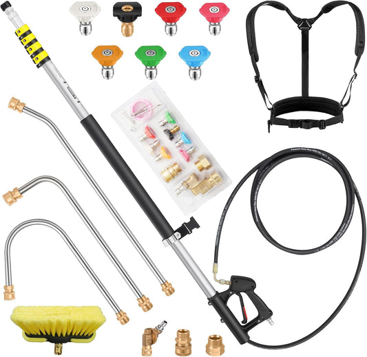 24FT Telescoping Pressure Washer Extension Wand, Aluminum Power Washer Extension Wand, Solar Panel Cleaner Pole with Brush Head, 7 Nozzle Tips, 3 Adapters, Support Belt
