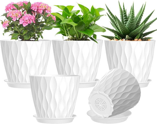 7 Inch Plant Pots 5 Pack, Plastic Flower Pots with Drainage Holes Saucers, Indoor Outdoor Planters for Plants, Lightweight Durable,White